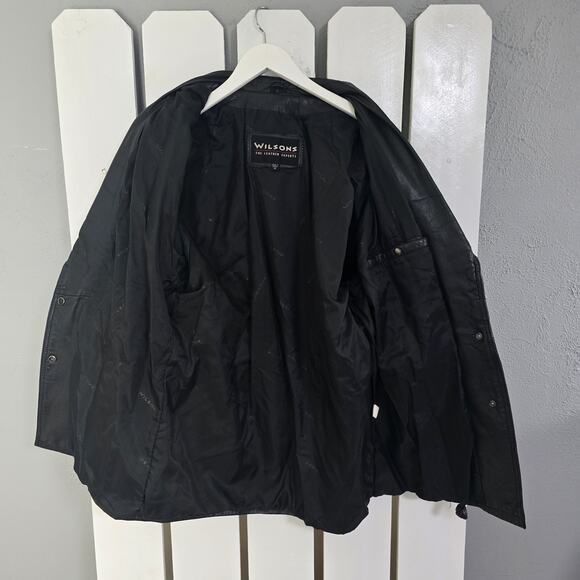 Wilson Leather Jacket Women M Black Button Drawstring Tie Shawl Biker‎ 90s City - Picture 3 of 10